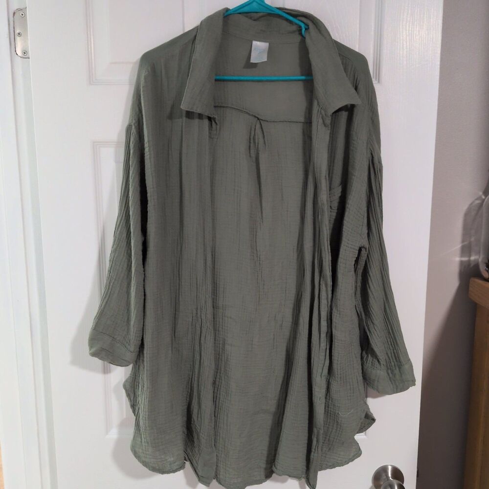 Kona Sol Women's Green Solid Collared 3/4 Sleeve Woven Button-Up coverup XL
